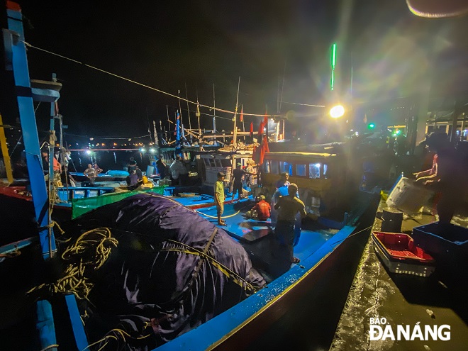 Từ giữa đêm, từng tàu cá chứa đầy ắn hải sản lại nối đôi nhau vào cảng cá Thọ Quang (quận Sơn Trà) để buôn bán.