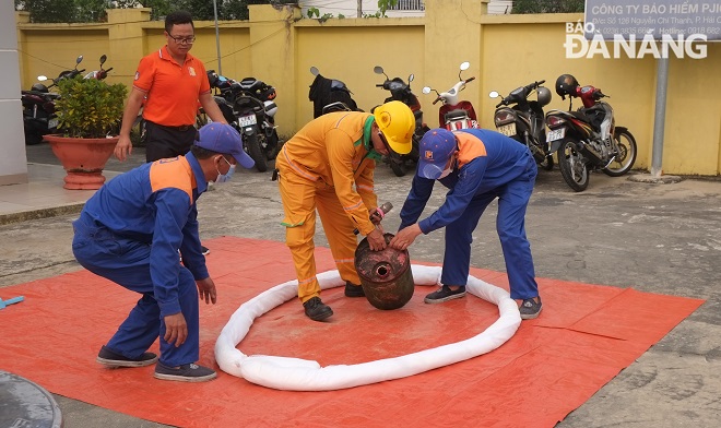 Các chuyên gia hướng dẫn thao tác khi tham gia ứng phó với sự cố tràn dầu. Ảnh: X.H