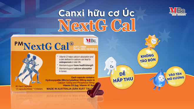Ngoài canxi MCHA, NextG Cal còn được bổ sung thêm vitamin D3 và vitamin K1 giúp tăng hiệu quả hấp thu canxi.