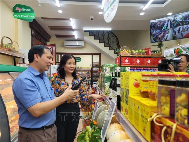 Điểm OCOP tại Cửa hàng thực phẩm số 79 Trần Nguyên Đán, phường Định Công (Hà Nội). Ảnh: TTXVN phát