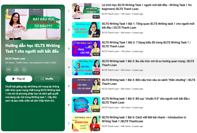 Kênh Youtube IELTS Thanh Loan với 300+ bài học, chia sẻ kiến thức & kinh nghiệm học IELTS từ đầu.