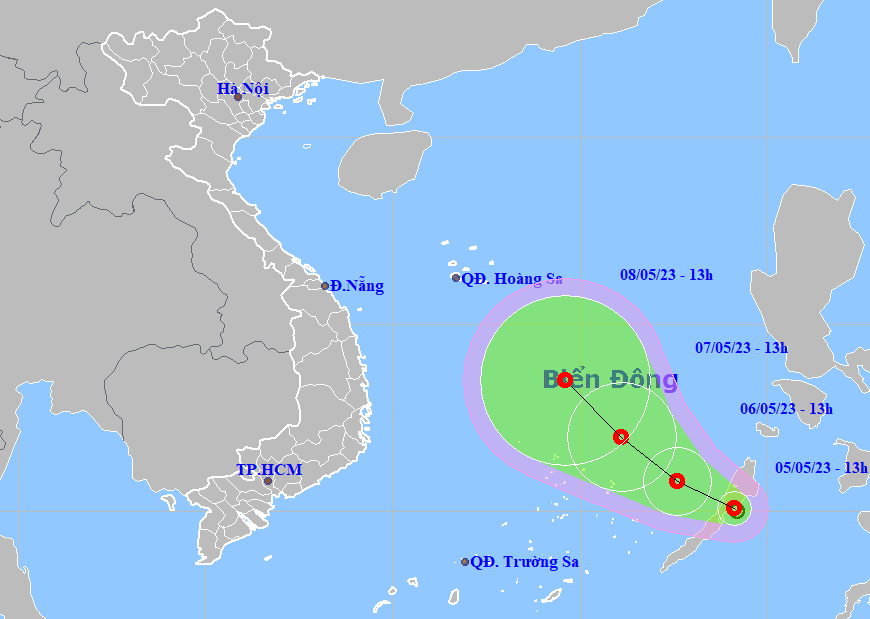 Họa đồ vị trí và hướng di chuyển của áp thấp nhiệt đới. (Nguồn: Trung tâm dự báo khí tượng thủy văn quốc gia).