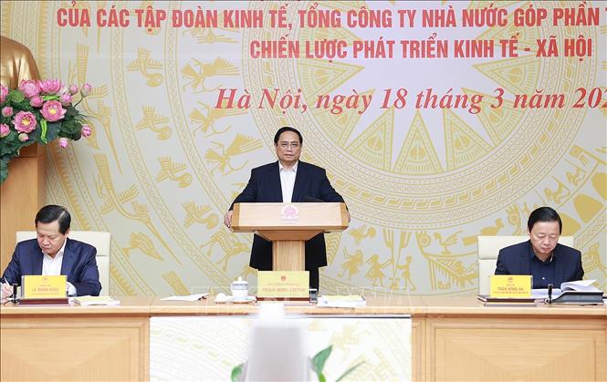 Thủ tướng Phạm Minh Chính phát biểu tại buổi làm việc với Uỷ ban Quản lý vốn Nhà nước tại doanh nghiệp và các tập đoàn, tổng công ty nhà nước. Ảnh: Dương Giang/TTXVN