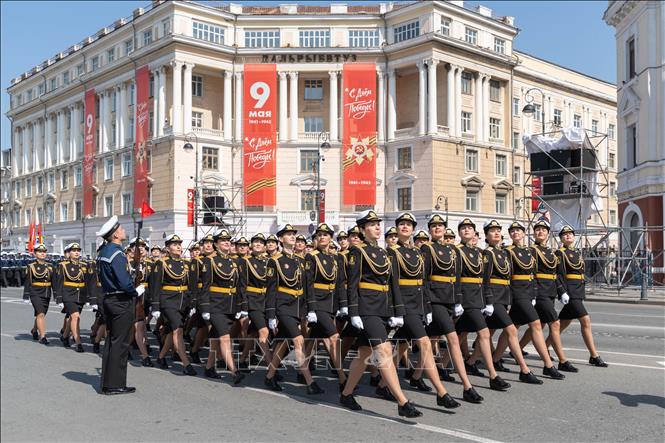 Các binh sĩ tham gia buổi tổng duyệt cho lễ duyệt binh Ngày Chiến thắng tại Moskva, Nga, ngày 7/5/2023. Ảnh tư liệu: THX/TTXVN