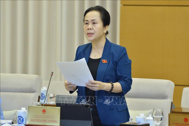 Phó Chủ nhiệm Ủy ban Tài chính, Ngân sách của Quốc hội khóa XV Nguyễn Vân Chi trình bày báo cáo thẩm tra. Ảnh: Minh Đức/TTXVN