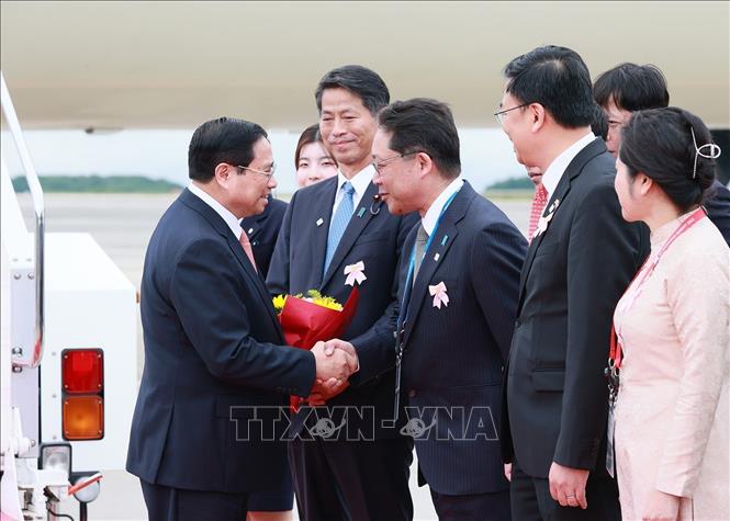 Lễ đón Thủ tướng Phạm Minh Chính tại Hiroshima (Nhật Bản). Ảnh: Dương Giang/TTXVN