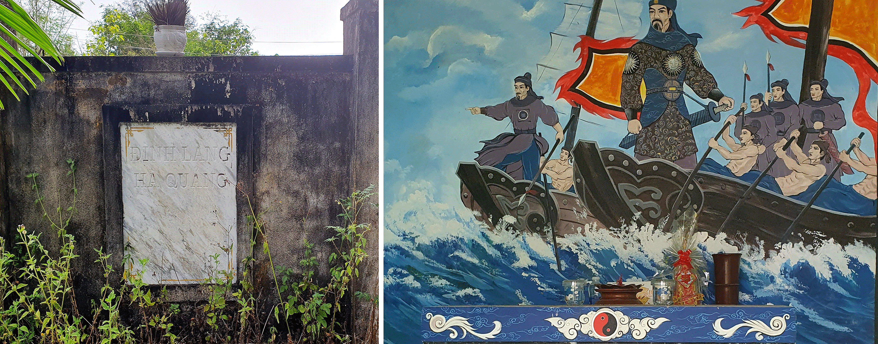 Trong khi đình làng Hà Quảng chỉ còn tấm bia lưu niệm (ảnh trái) thì miếu Ông Hùm bên cạnh đã được khôi phục với bức tranh mô phỏng hành động khí khái của Đô đốc Đinh Văn Bá ngày trước. Ảnh: V.T.L
