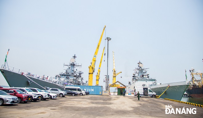 Two Indian Navy ships, guided missile destroyer INS Delhi and multi-purpose stealth destroyer INS Satpura, docked at the Tien Sa Port on Friday