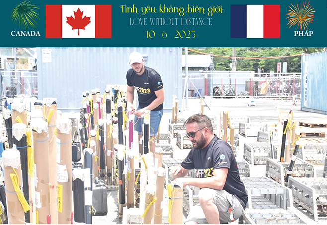 At DIFF 2023, each team will tell its own story with sound and light . IN PHOTO: Members of a fireworks team from France are installing fireworks systems to prepare for their performance on the evening of June 10. Photo: THU HA - ANH DUY