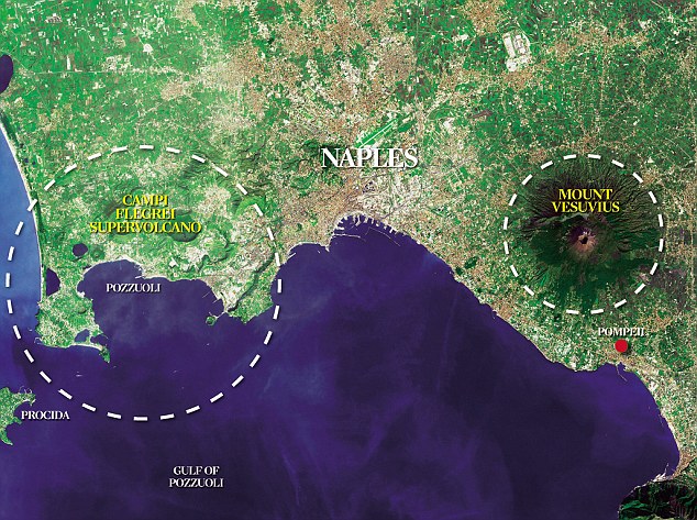 Minh họa vị trí núi lửa Campi Flegrei và vùng ảnh hưởng.