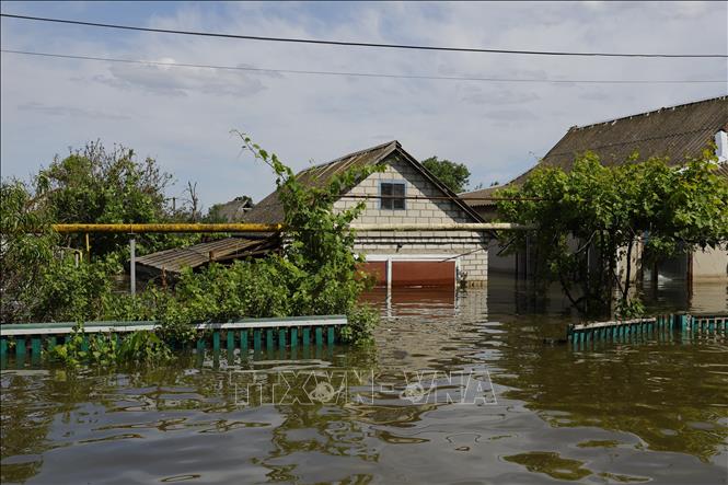 Người dân tại vùng ngập lụt sau vụ vỡ đập Nova Kakhovka ở Kherson, Ukraine ngày 8/6. Ảnh:  Báo Tin tức