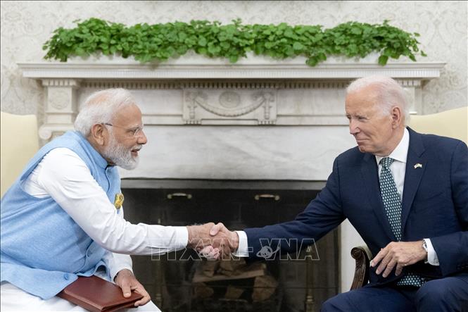 Tổng thống Mỹ Joe Biden (phải) hội đàm với Thủ tướng Ấn Độ Narendra Modi tại Nhà Trắng, Washington, DC ngày 22-6-2023. Ảnh: AFP/TTXVN