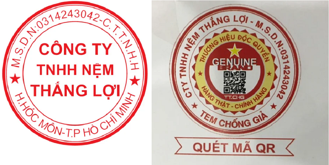 Dấu mộc và Qr code website Công ty TNHH Nệm Thắng Lợi.