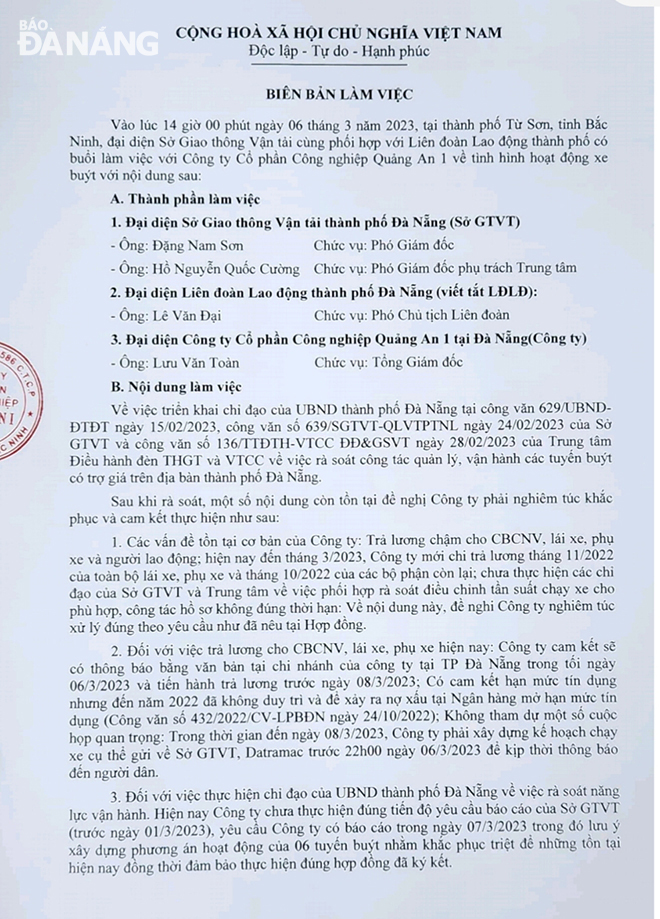  Biên bản làm việc giữa các cơ quan chức năng của thành phố với Công ty CP Quảng An 1, trong đó thể hiện rõ các nội dung, yêu cầu, cam kết. Tuy nhiên, đơn vị không thực hiện.