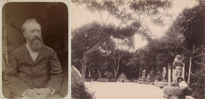 Portrait of Charles Lemire (left) and some Cham sculptures on display at the Tourane Park, the forerunner of the Da Nang Museum of Cham Sculpture. Photo taken by Charles Lemire, published by the National Library of France