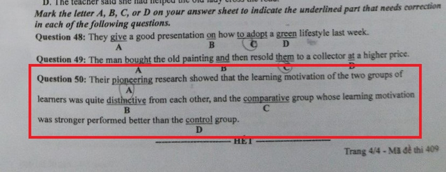 Câu tiếng Anh trong mã đề thi 409 gây tranh cãi.