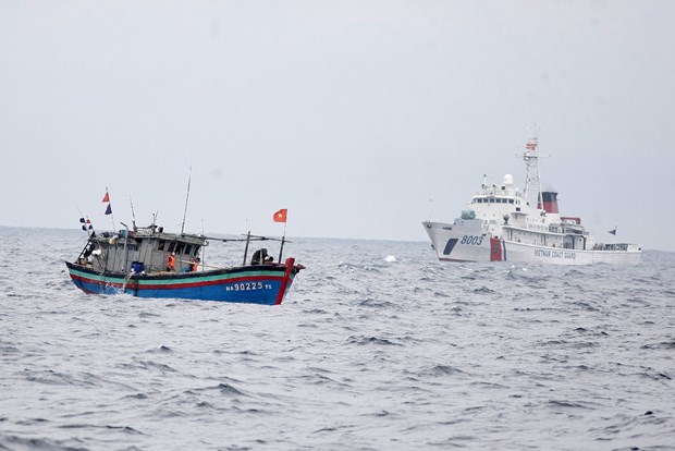 Tàu Cảnh sát biển 8003 thực hiện tuần tra, giám sát tàu cá trên vùng biển lân cận đường phân định Vịnh Bắc Bộ. Ảnh: TTXVN