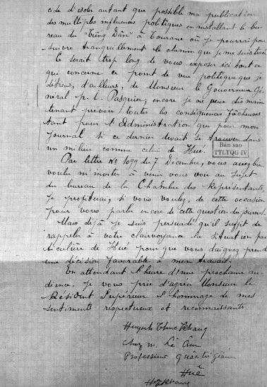 Thư cụ Huỳnh Thúc Kháng gửi Khâm sứ Trung Kỳ ngày 14-12-1926, có bút tích và chữ ký. Ảnh: L.T