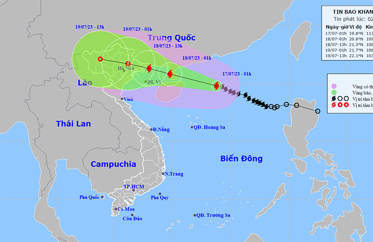 The path of tropical storm Talim  issued by NCHMF at 2: 00am on Monday July 17. Photo: khottietvietnam