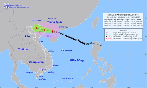 Vị trí và đường đi của cơn bão số 1. (Nguồn: Trung tâm Dự báo Khí tượng Thủy văn Quốc gia)