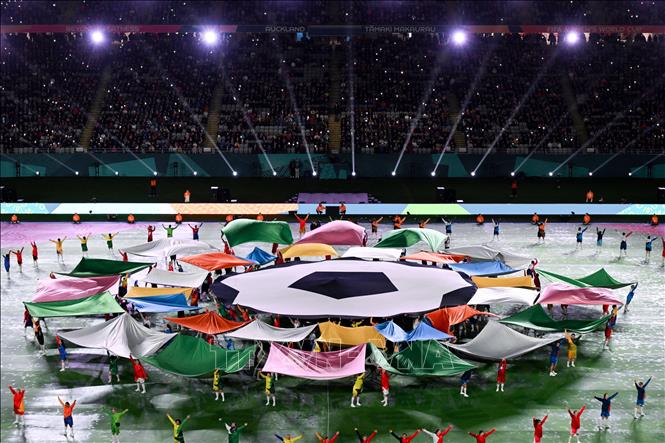 Biểu tượng chính thức của World Cup nữ 2023 được giới thiệu tại lễ khai mạc giải đấu ở Auckland, New Zealand ngày 20/7/2023. Ảnh: AFP/TTXVN