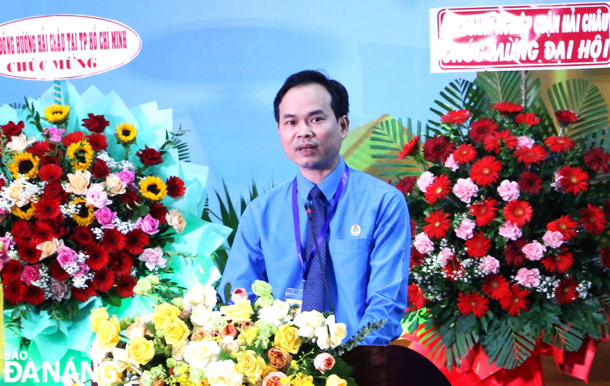 Chủ tịch Liên đoàn Lao động thành phố Nguyễn Duy Minh phát biểu chỉ đạo tại hội nghị Công đoàn quận Hải Châu lần thứ VI, nhiệm kỳ 2023 - 2028. Ảnh: T.PHƯƠNG