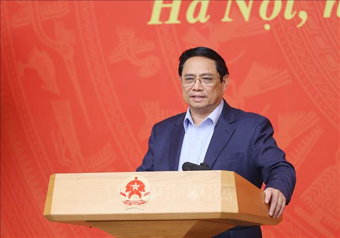 Thủ tướng Phạm Minh Chính kết luận Phiên họp lần thứ nhất Ban chỉ đạo Xây dựng đề án tổng kết 10 năm thực hiện Nghị quyết 22 về hội nhập quốc tế. Ảnh: Dương Giang/TTXVN