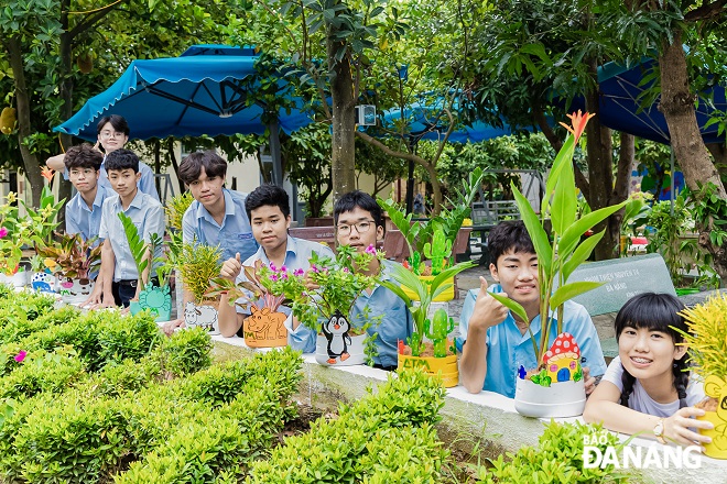 Colourful green space from pots of plants