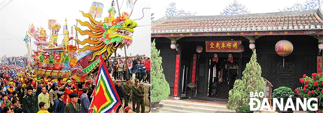 Đưa tiễn Long Chu (ảnh trái) và Tụy Tiên Đường, một trong những nơi diễn ra lễ hội Long Chu ở Hội An. Ảnh: THÁI MỸ