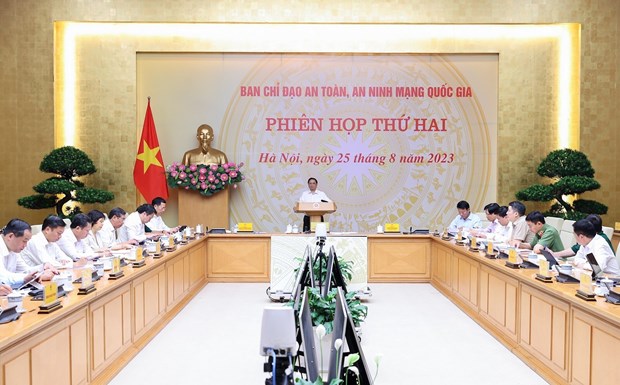 Thủ tướng Phạm Minh Chính, Trưởng Ban Chỉ đạo phát biểu kết luận Phiên họp Ban Chỉ đạo An toàn, An ninh mạng quốc gia lần thứ hai. (Ảnh: Dương Giang/TTXVN)