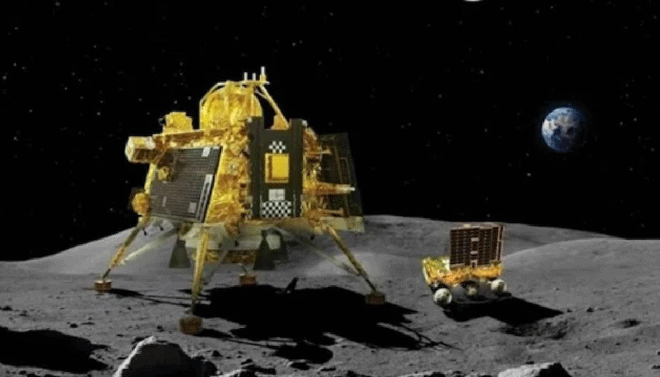 Mô phỏng trạm đổ bộ Vikram và robot Pragyan trong sứ mệnh Chandrayaan-3. Ảnh: ISRO