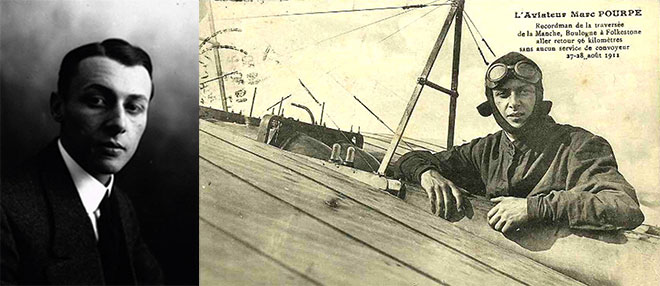 Chân dung Marc Pourpe (ảnh trái) và bức ảnh Pháp giới thiệu các thành tích hàng không của ông.