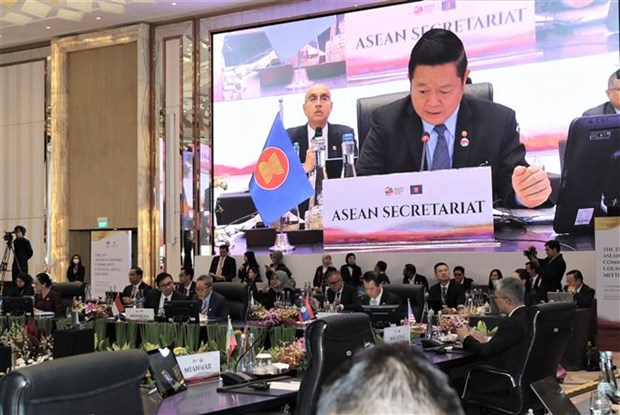 Tổng Thư ký ASEAN Kao Kim Hourn phát biểu tại Hội nghị Hội đồng Cộng đồng Kinh tế ASEAN (AECC) lần thứ 23, tại Jakarta (Indonesia) ngày 3-9-2023. (Ảnh: Hữu Chiến/TTXVN)
