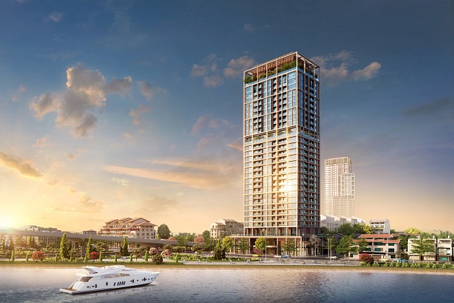 Tòa tháp Panoma 2 của Sun Cosmo Residence Da Nang nằm bên bờ sông Hàn thơ mông. Ảnh phối cảnh minh họa.