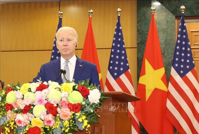 Tổng thống Hoa Kỳ Joe Biden phát biểu tại cuộc họp báo chung. Ảnh: Trí Dũng/TTXVN