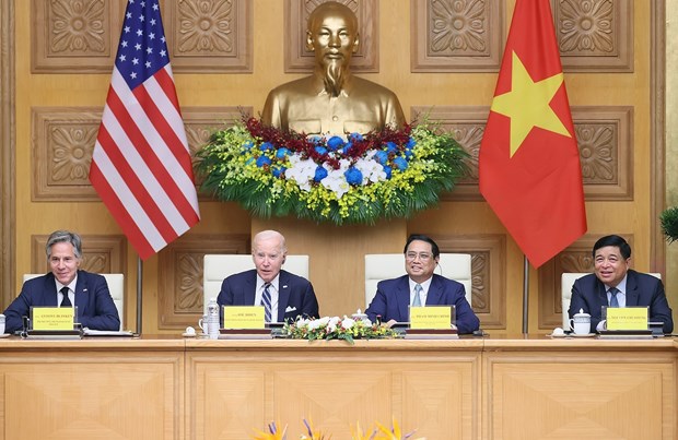 Thủ tướng Phạm Minh Chính và Tổng thống Hoa Kỳ Joe Biden dự Hội nghị cấp cao Việt Nam-Hoa Kỳ về Đổi mới sáng tạo và Đầu tư. (Ảnh: Dương Giang/TTXVN)