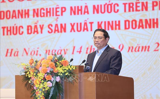 Thủ tướng Phạm Minh Chính kết luận Hội nghị Thường trực Chính phủ làm việc với các doanh nghiệp nhà nước. Ảnh: Dương Giang/TTXVN