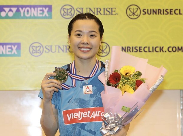 Tuyển thủ Quốc gia Nguyễn Thùy Linh giành ngôi vô địch Giải Cầu lông Vietnam Open 2023. (Ảnh: Thanh Vũ/TTXVN)