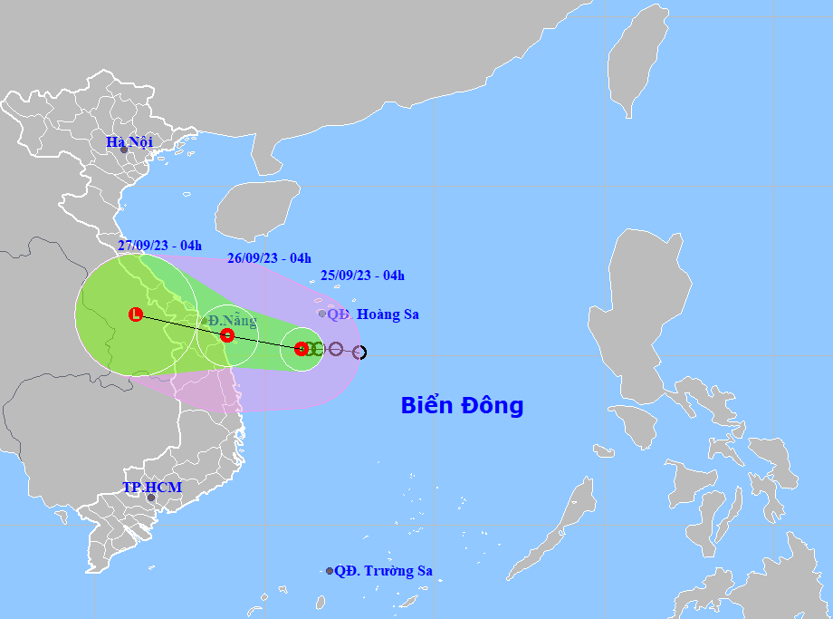 Họa đồ vị trí và hướng di chuyển của áp thấp nhiệt đới. (Nguồn: Trung tâm dự báo khí tượng thủy văn quốc gia).