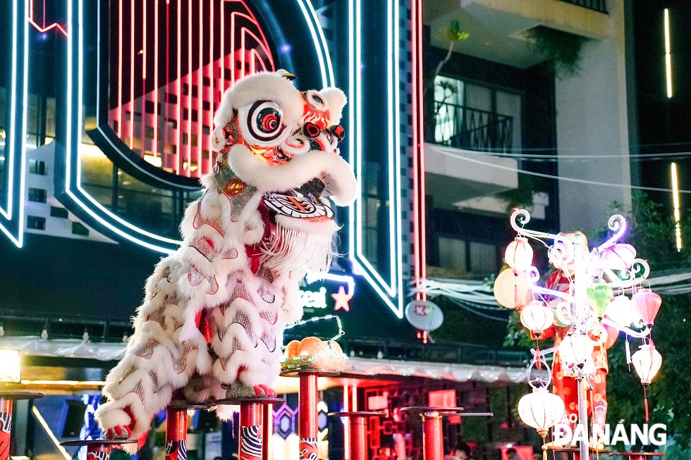 A lion dance performance in the Mai Hoa Thung style