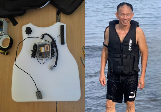 Một mặt của chiếc áo phao được gắn các thiết bị công nghệ (ảnh trái) và người dân Đà Nẵng trải nghiệm áo phao cứu hộ dựa trên nền tảng IoT. Ảnh: H.L