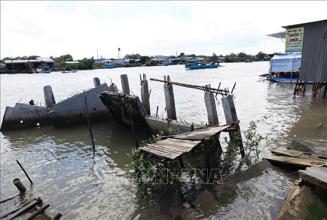 Sạt lở nhà lồng chợ và công trình kè Kinh 17 (xã Tam Giang, huyện Năm Căn, tỉnh Cà Mau) đang xây dựng bị sụp xuống do sạt lở vừa qua. Ảnh: TTXVN