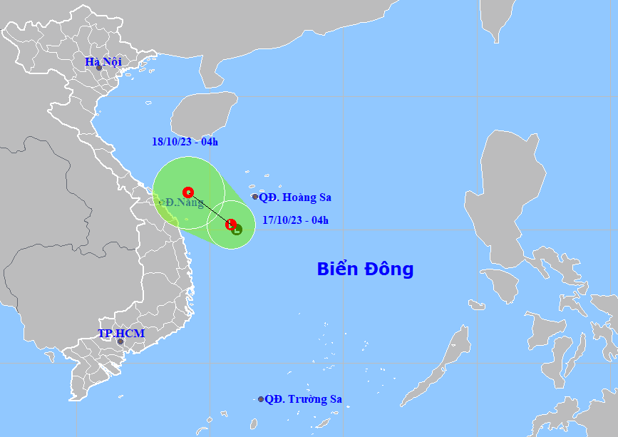 Họa đồ vị trí và hướng di chuyển của vùng áp thấp ngoài khơi khu vực Trung Trung Bộ. (Nguồn: Trung tâm dự báo khí tượng thủy văn quốc gia).