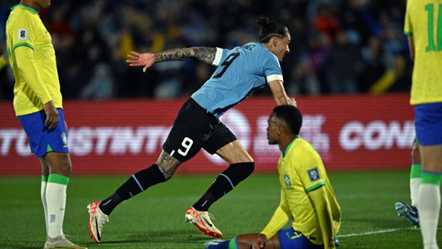 Nunez ghi bàn giúp Uruguay đánh bại Brazil. (Nguồn: AFP)