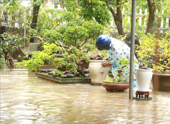 Người dân ở bên đường Lê Thánh Tông, thành phố Đông Hà (Quảng Trị) kê cao đồ để tránh bị ngập lụt do mưa lớn.