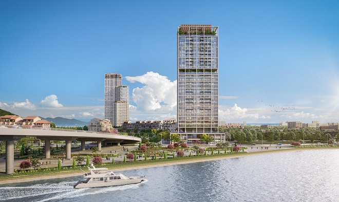 Sun Cosmo Residence Da Nang tọa lạc trên quỹ đất hiếm hoi ven sông Hàn. Ảnh phối cảnh minh họa