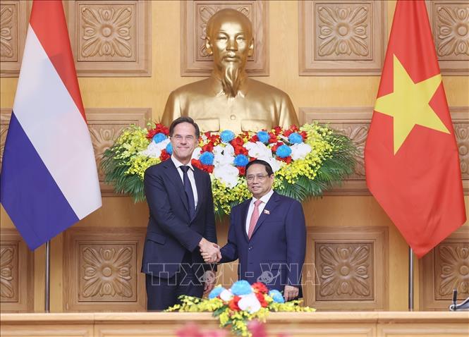 Thủ tướng Phạm Minh Chính và Thủ tướng Hà Lan Mark Rutte tại buổi hội đàm. Ảnh: Dương Giang/TTXVN