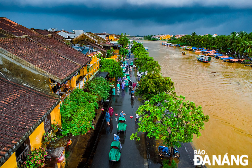 Xích lô hàng nối hàng trên phố ngày mưa.