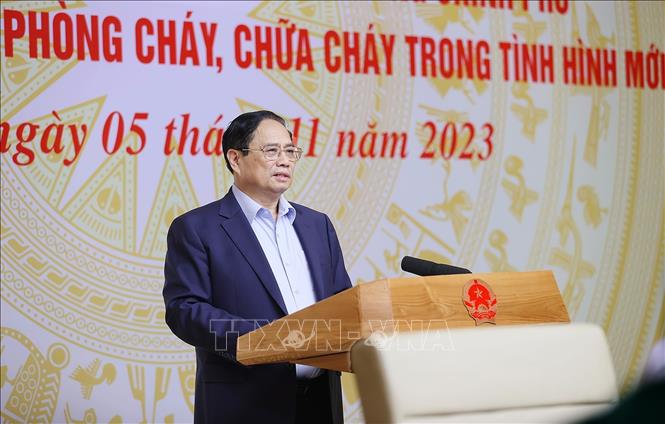 Thủ tướng Phạm Minh Chính chủ trì Hội nghị đánh giá kết quả công tác phòng cháy, chữa cháy trong tình hình mới. Ảnh: Dương Giang/TTXVN