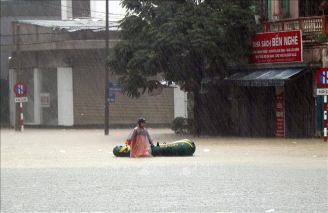 Heavy rains lashed Hue City, turning some streets into small lakes. Photo: TTXVN